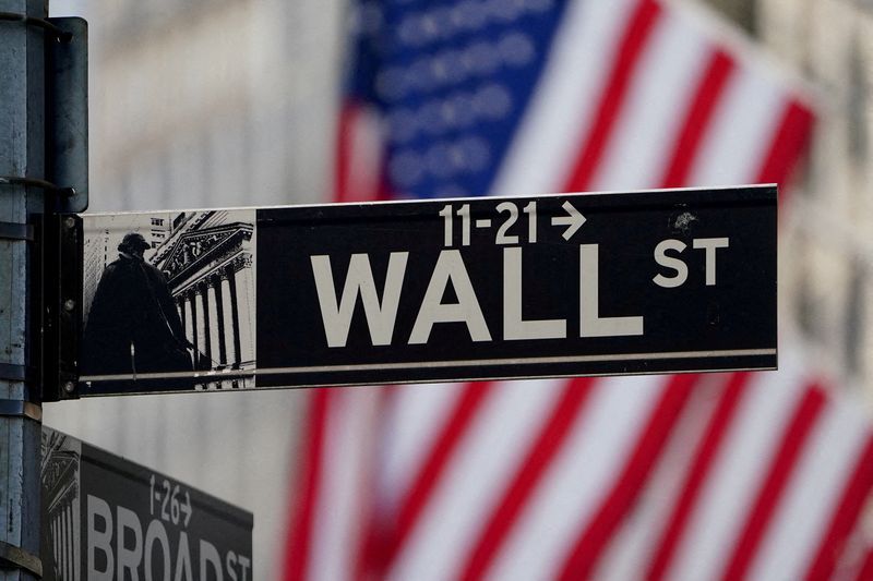 Wall Street sign at New York Stock Exchange during Nasdaq S&P 500 AI concerns