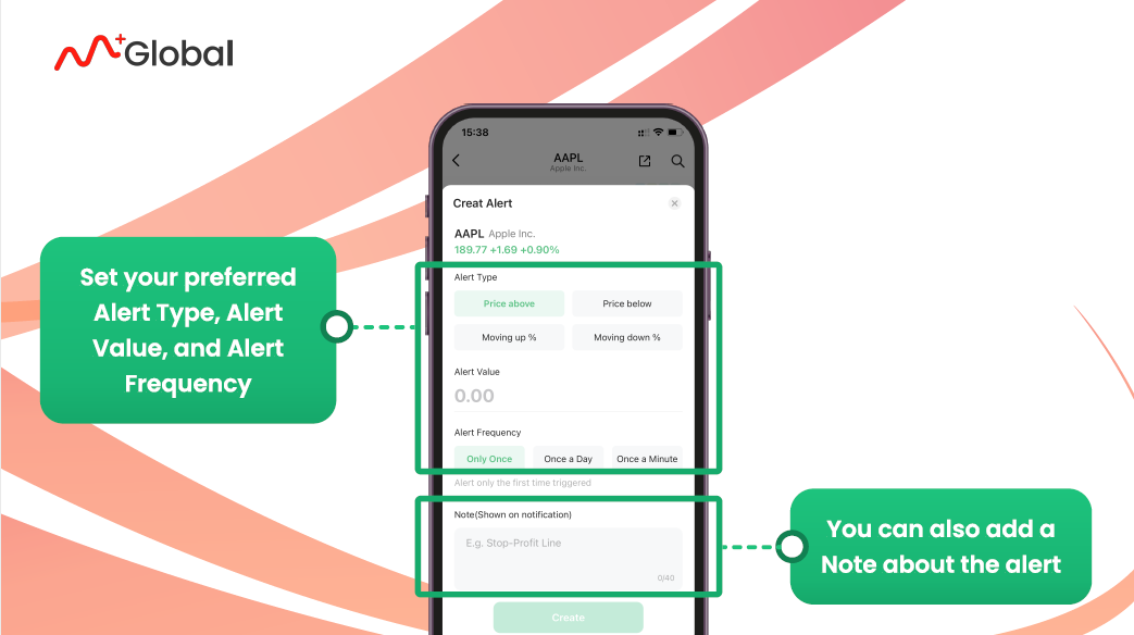Set your preferred Alert Type, Alert Value and Alert Frequency in M+ Global APP.