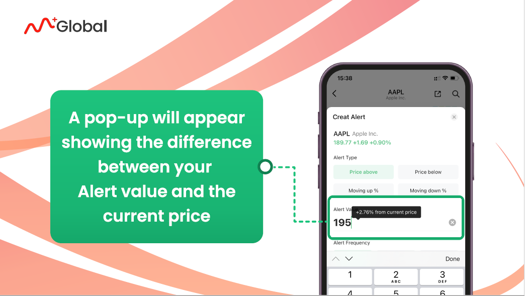 A pop-up box will appear to show your the difference between your Alert Price and current price in Mplus Global APP.