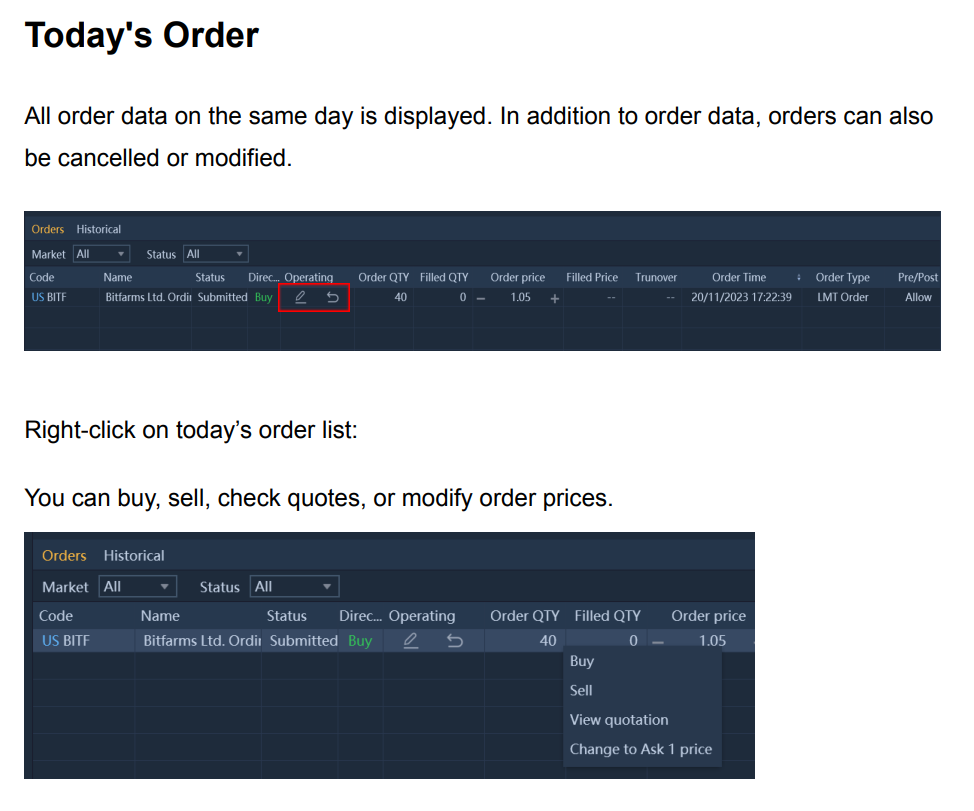 Important Icons to Cancel / Edit your Order in M+ Global Desktop Version.