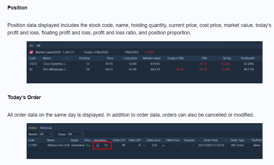 Position Tab & Today's Order Tab in Mplus Global PC Version.
