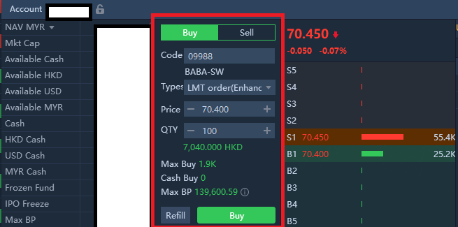 Example of Buy Pop Up Window in M+ Global.