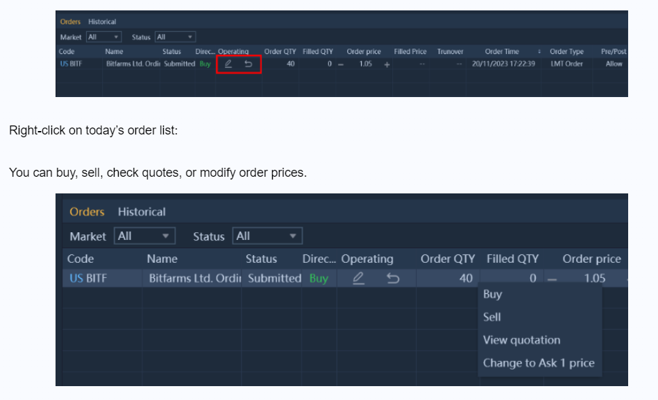 Wonder how you can Cancel the Order in M+ Global? Just click on the Undo Icon in Orders Tab.