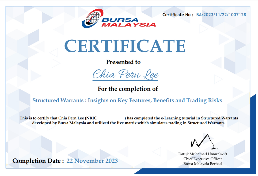 Dexter Chia, Remisier from M+ Online & M+ Global had completed the structured warrants course by Bursa Academy.
