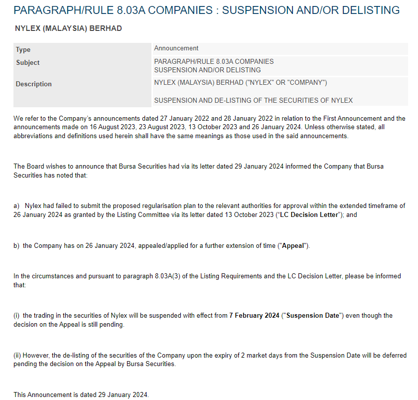 NYLEX failed to submit regularisation plan! Trading will be Suspended from 7 February 2024!: nylex trading suspension delisti