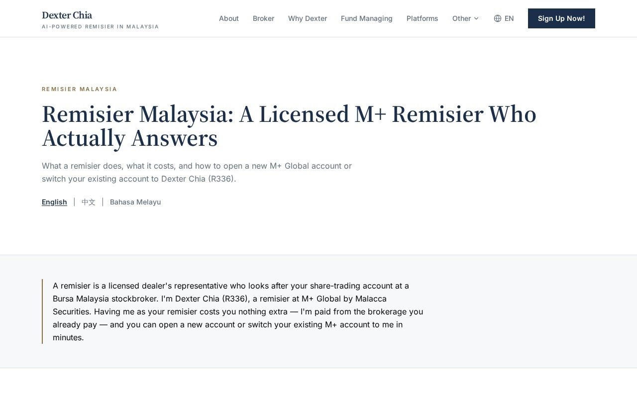 Remisier Malaysia: Your Licensed M+ Remisier | Dexter Chia