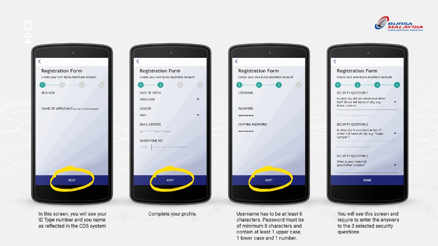 Step 4: complete your profile, username, password and security questions